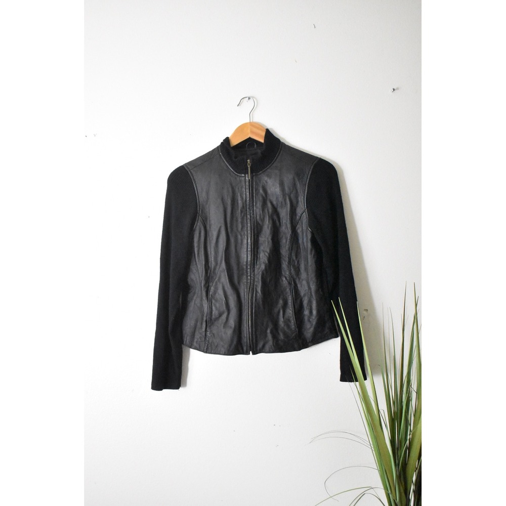 Jaclyn Smith Leather Knit Jacket Womens M Black Y2K Mixed Media Full Zip Moto - Picture 6 of 9